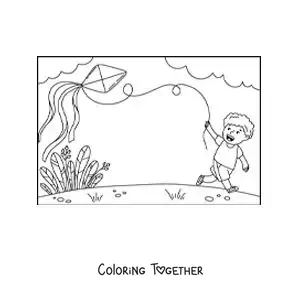 Coloring page of a boy flying a paper kite in the park