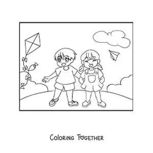 Coloring page of two animated children flying kites in the park