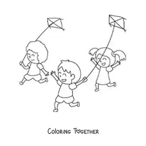 Coloring page of children running and flying kites