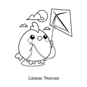 Coloring page of an animated hen flying a kite