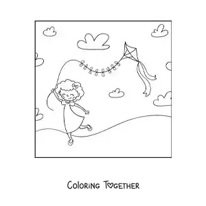 Coloring page of an animated girl flying a paper kite