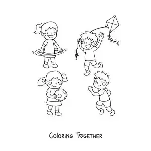 Coloring page of a boy flying a kite next to other children playing