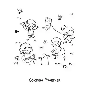 Coloring page of a girl flying a kite next to other children in the park