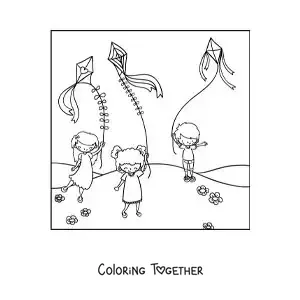 Coloring page of children flying paper kites in the park