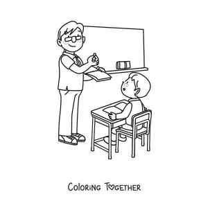 Coloring page of a teacher standing in front of a seated student