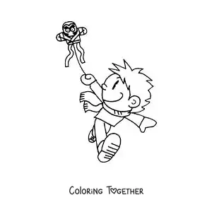 Coloring page of a cartoon of a boy flying a kite