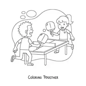Coloring page of a girl and a boy playing ping pong