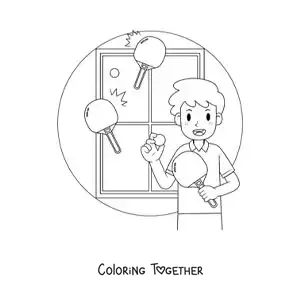 Coloring page of a boy with a ping pong table and paddles