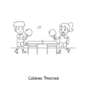 Coloring page of children in a ping pong match