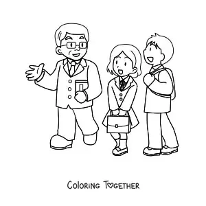 Coloring page of a teacher chatting with two high school students