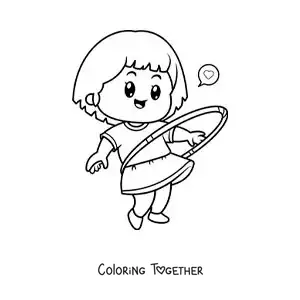 Coloring page of a girl playing with a hula hoop
