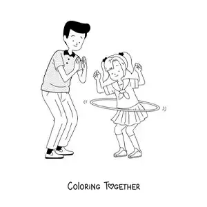 Coloring page of a girl and her father playing with a hula hoop