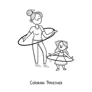Coloring page of a girl and her mother dancing with a hula hoop