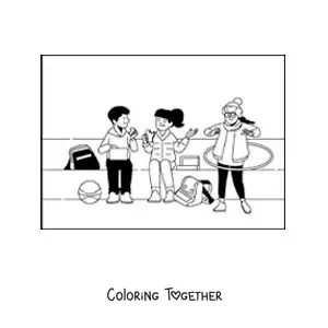 Coloring page of children at recess with a hula hoop
