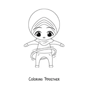 Coloring page of a Muslim girl with a hula hoop