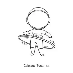 Coloring page of an animated astronaut spinning a hula hoop