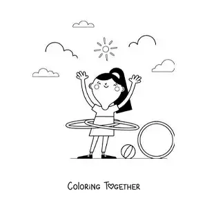 Coloring page of a girl in the park dancing with a hula hoop