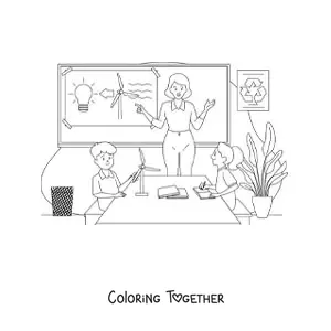 Coloring page of a teacher and two students in an ecology class