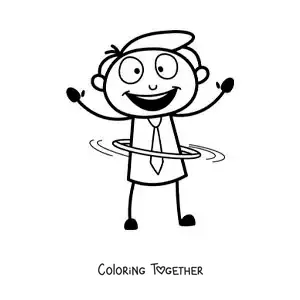 Coloring page of a cartoon of a man dancing with a hula hoop