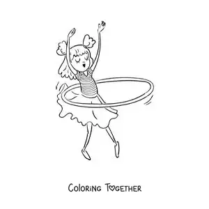 Coloring page of a girl dancing with a hula hoop