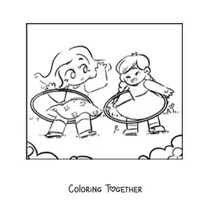Coloring page of girls playing with hula hoops