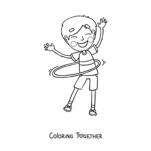 Coloring page of a boy spinning a hula hoop