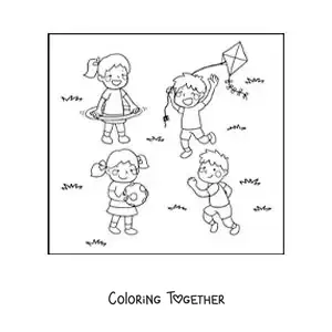 Coloring page of a girl in the park with a hula hoop