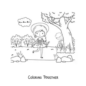 Coloring page of kids playing hide and seek outdoors