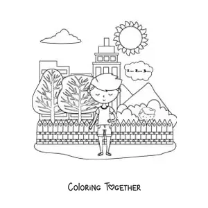 Coloring page of kids playing hide and seek in the city