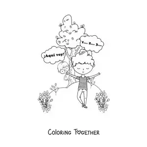 Coloring page of kids playing hide and seek in a park