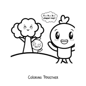 Coloring page of a cartoon of animated ducks playing hide and seek