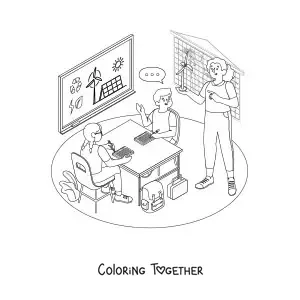 Coloring page of a teacher and two students in a classroom during a lesson