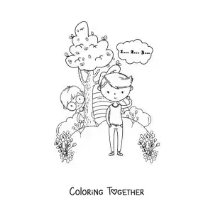 Coloring page of kids playing hide and seek