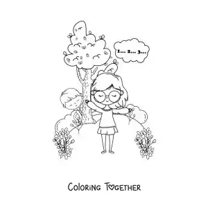 Coloring page of kids playing hide and seek