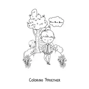 Coloring page of a boy hiding behind a tree playing hide and seek