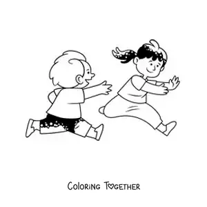 Coloring page of kids running while playing hide and seek