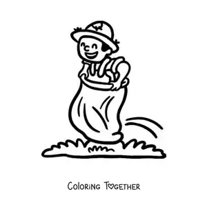 Coloring page of a man playing in a sack race