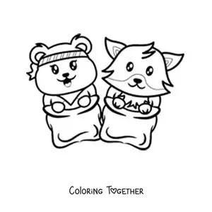 Coloring page of animated animals in a sack race