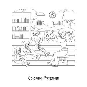 Coloring page of a teacher teaching three preschool students