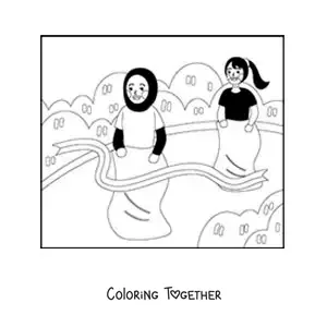 Coloring page of two girls in a traditional sack race
