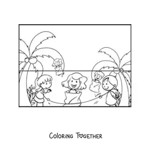 Coloring page of girls playing jump rope in a sack at the beach
