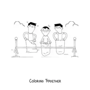 Coloring page of kids reaching the finish line in a sack race