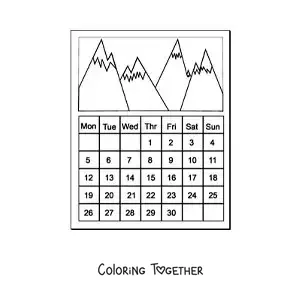 Coloring page of an animated calendar with photos of mountains