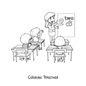 Coloring page of a teacher in front of the board giving a lesson to several students