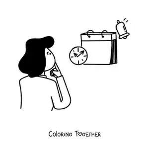 Coloring page of a woman looking at the calendar