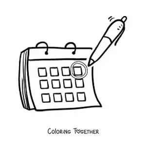 Coloring page of a pen marking a date on the calendar