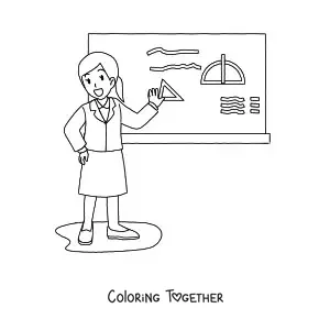 Coloring page of a female teacher giving a lesson in front of the board