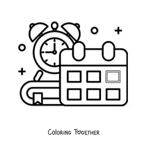 Coloring page of a calendar and a clock