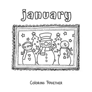 Coloring page of January with animated snowmen
