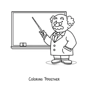 Coloring page of a teacher pointing at the board